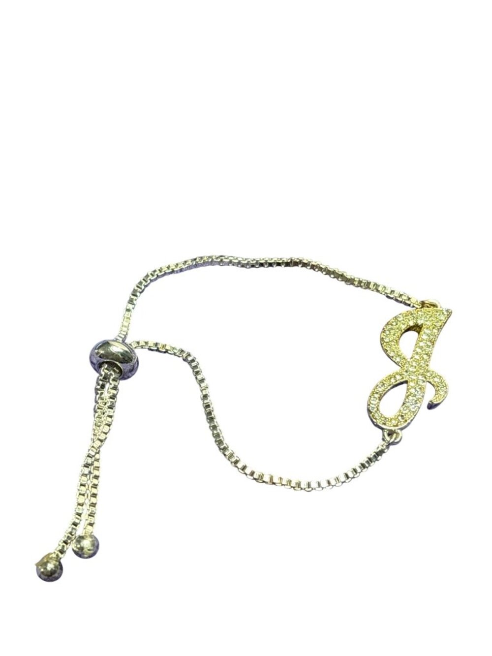 Clear Rhinestone Pave J Initial Bracelet Silvertone Box Chain Adjustable